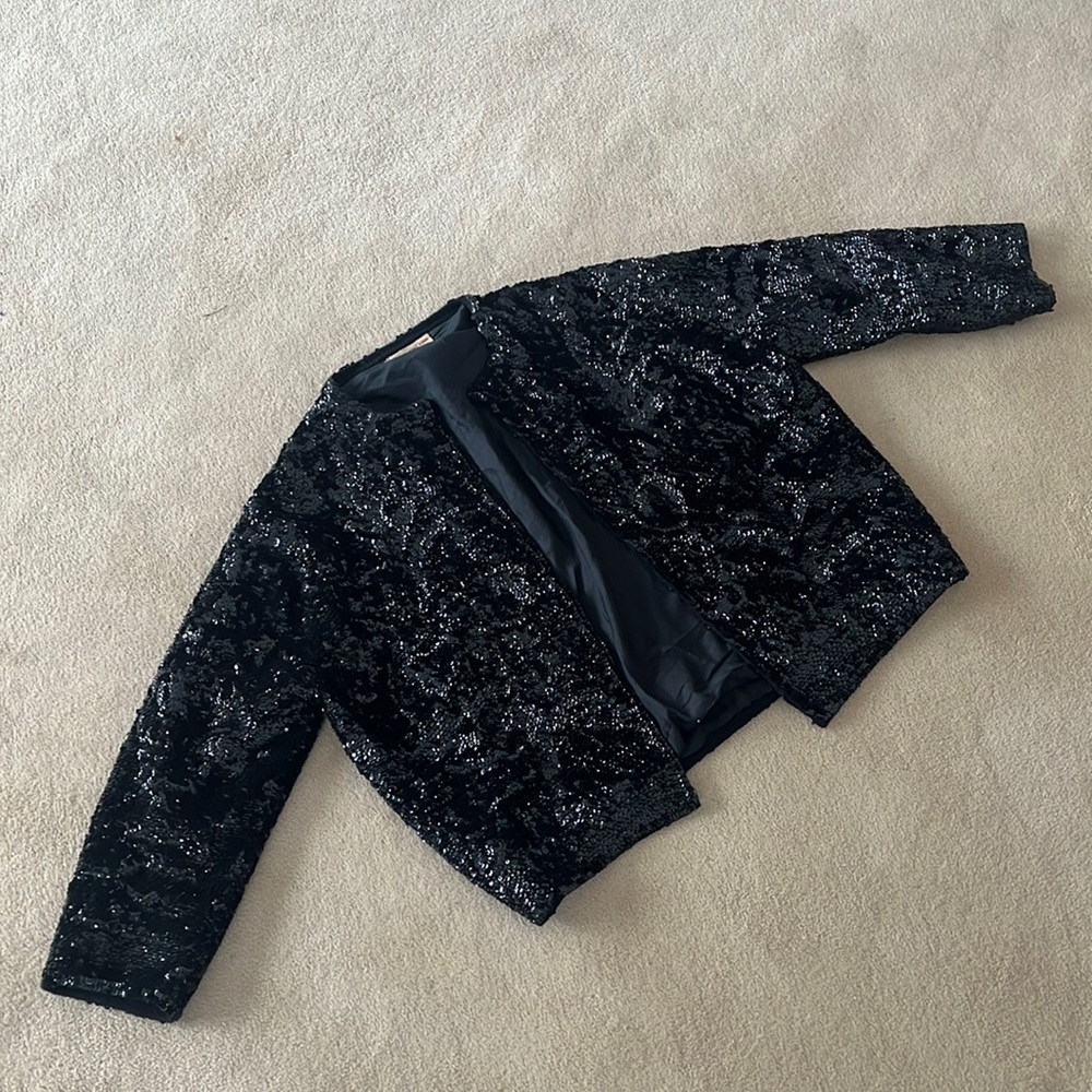 Vintage Black Sequin Jacket made in Hong Kong Sz 4